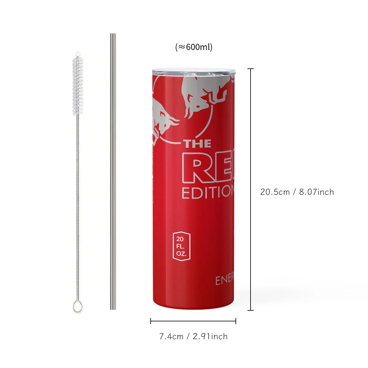 Vaso estilo bebida energética con pajita de acero inoxidable, 20 oz