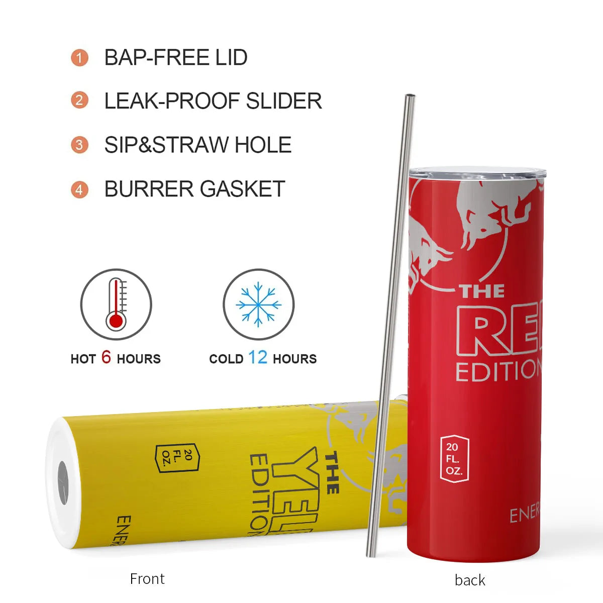 Vaso estilo bebida energética con pajita de acero inoxidable, 20 oz