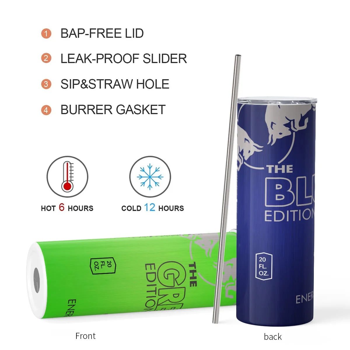 Vaso estilo bebida energética con pajita de acero inoxidable, 20 oz